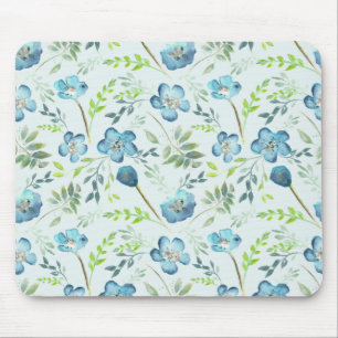 Elegant Boho Blue Green Watercolor Flowers Mouse Pad