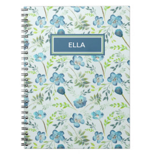 Elegant Boho Blue Green Watercolor Flowers Name Notebook