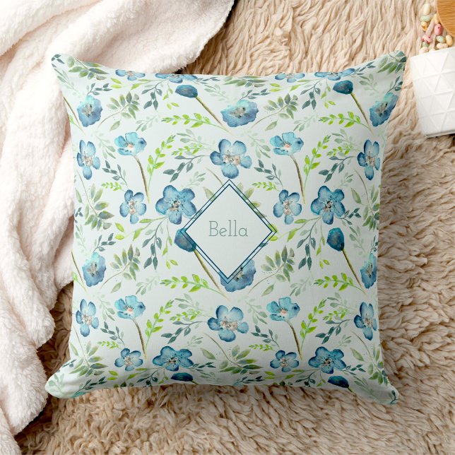 Elegant Boho Blue Green Watercolor Flowers Name Throw Pillow (Elegant Boho Blue Green Watercolor Flowers Name Throw Pillow from Studio Posies. )