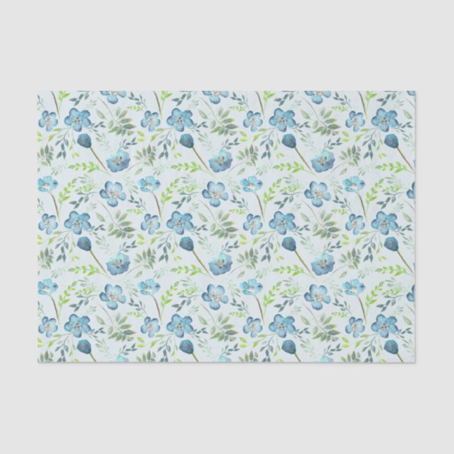 Elegant Boho Blue Green Watercolor Flowers Tissue Paper (Front)