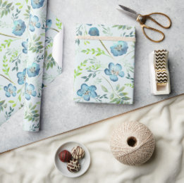 Elegant Boho Blue Green Watercolor Flowers Wrapping Paper