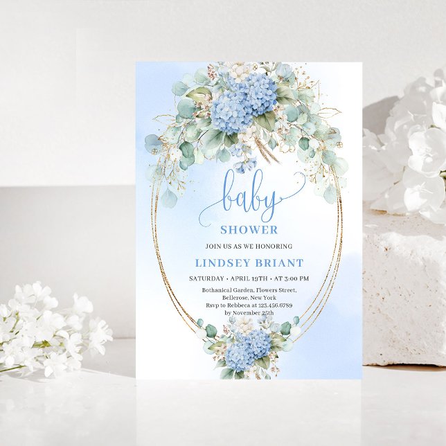 Elegant Boho Blue Hydrangea Gold Baby Shower Invitation (Elegant Boho Blue Hydrangea Gold Baby Shower Invite)