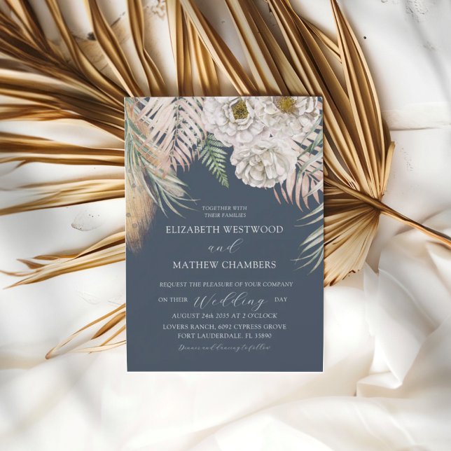Elegant Boho Blue Pampas Grass Wedding Invitation (Creator Uploaded)