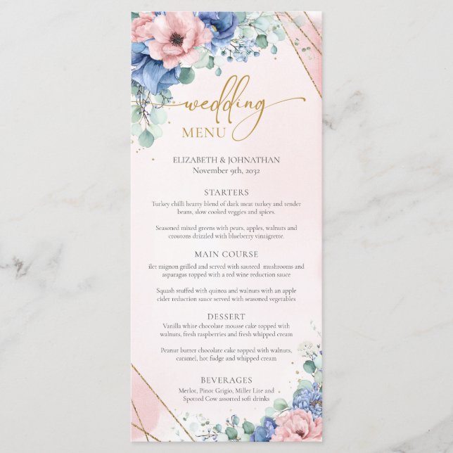 Elegant boho blush and blue flowers gold frame menu (Front)