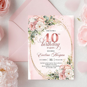 Elegant Boho Blush Floral 40th Birthday Invitation