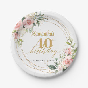 Elegant boho blush floral gold glitter birthday paper plate