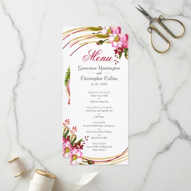 Elegant Boho Blush Floral Wedding Reception Menu (Front/Back In Situ)