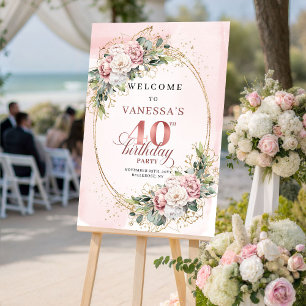 Elegant Boho Blush Pink Floral 40th Birthday Welco Poster