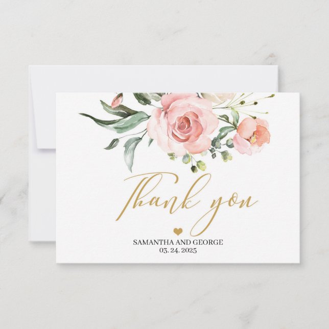 Elegant boho blush pink peach floral gold font thank you card (Front)