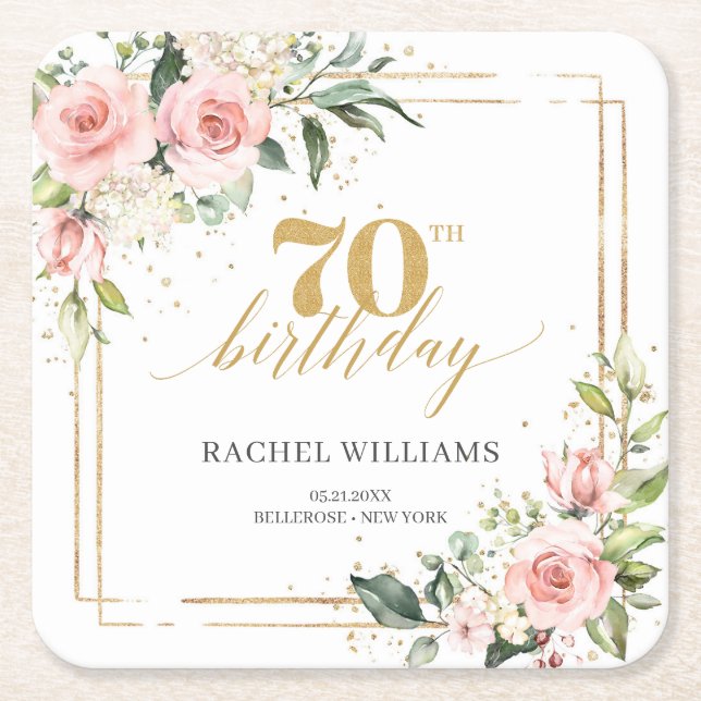 Elegant boho blush pink roses 70th birthday  square paper coaster (Front)