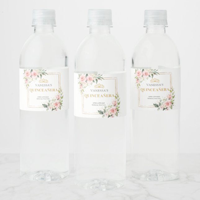 Elegant boho Blush pink roses gold tiara 15th Water Bottle Label (Bottles)
