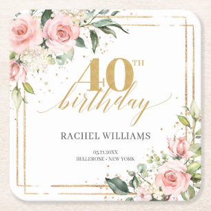 Elegant boho blush pink roses green 40th birthday  square paper coaster