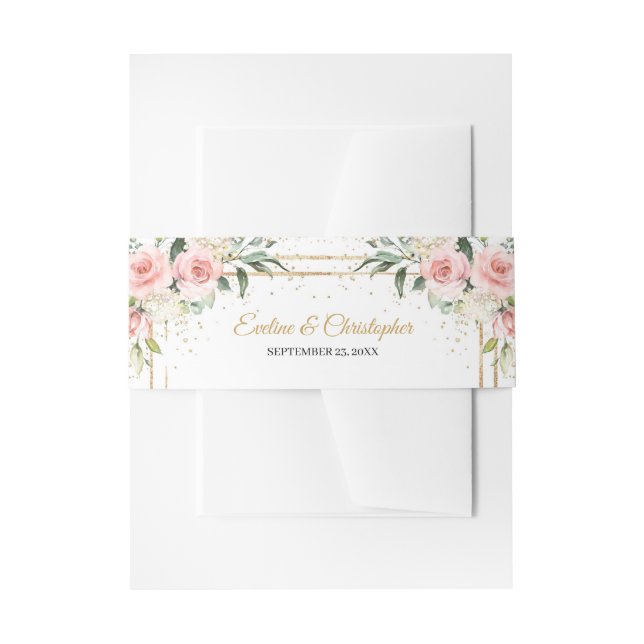 Elegant boho blush pink roses greenery gold frame invitation belly band (Front Example)