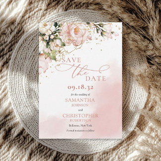 Elegant boho blush pink roses greenery gold frame save the date