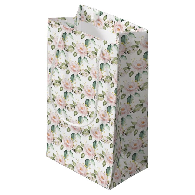 Elegant boho blush pink roses greenery gold small gift bag (Front Angled)