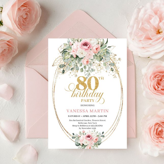 Elegant Boho Blush Roses 80th Birthday Invitation  (Elegant Boho Blush Roses 80th Birthday Invitation Card

)
