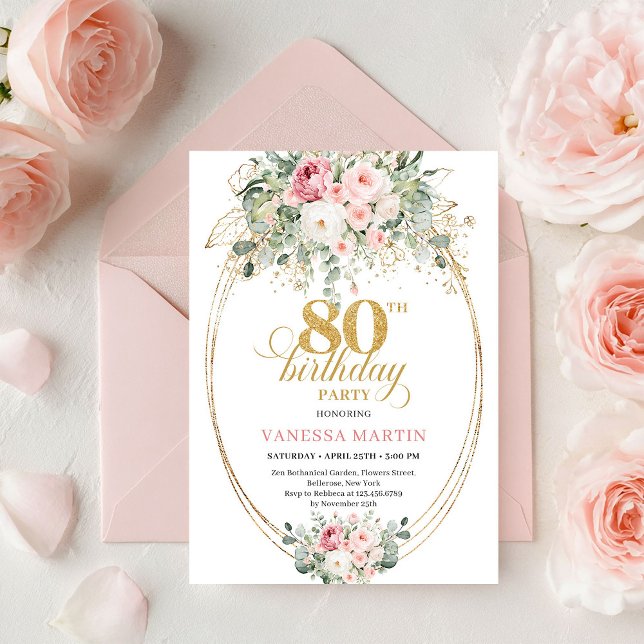 Elegant Boho Blush Roses 80th Birthday Invitation  (Elegant Boho Blush Roses Greenery Gold 80th Birthday)