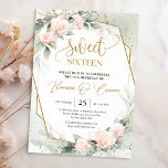 Elegant boho blush roses and eucalyptus gold frame invitation<br><div class="desc">Elegant boho blush roses and eucalyptus gold frame sweet sixteen invitation, Elegant bohemian design, inspired by the eternal roses - peonies - the symbol of love, lush flower garden of blush and dusty pink roses peonies, woven in fresh eucalyptus greenery and woven around the fax gold oval frame. You want...</div>
