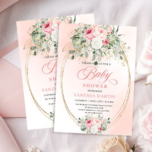 Elegant Boho Blush Roses Gold Baby Shower Invite