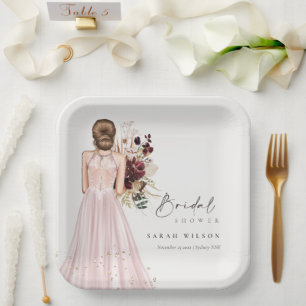 Elegant Boho Blush Wedding Gown Bridal Shower Paper Plate
