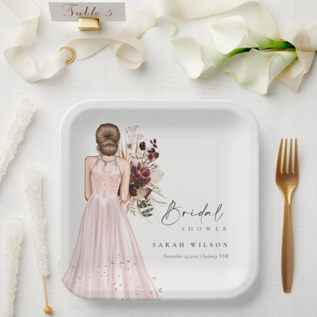Elegant Boho Blush Wedding Gown Bridal Shower Paper Plate (Wedding)