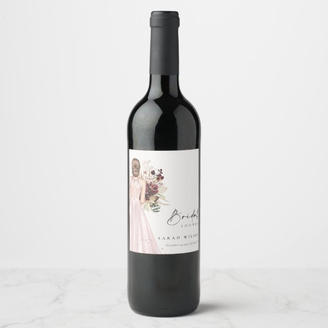 Elegant Boho Blush Wedding Gown Bridal Shower Wine Label (Front)