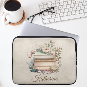 Elegant Boho Book Stack Floral Name Laptop Sleeve
