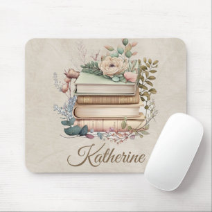 Elegant Boho Book Stack Floral Name Mouse Pad