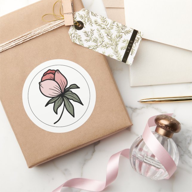 Elegant Boho Botanical Floral Pink Classic Round Sticker (Gifting)