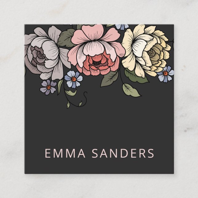 Elegant Boho Botanical Florals Black Calling Card (Front)