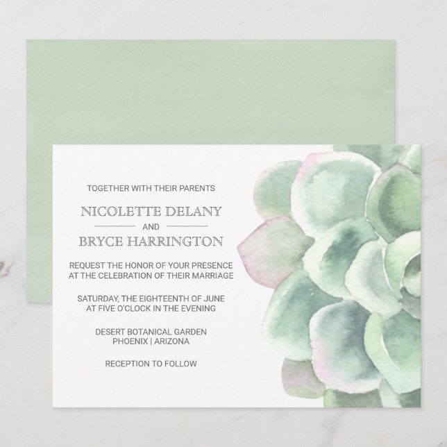 Elegant Boho Botanical Sage Succulent Wedding Invitation (Front/Back)