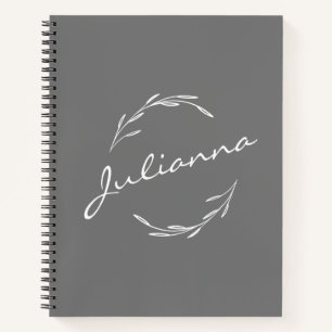 Elegant Boho Botanical Wreath in Grey Personalized Notebook