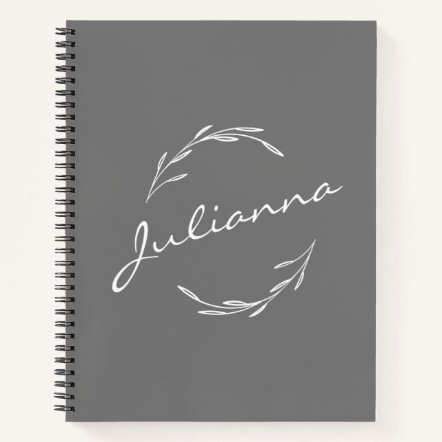 Elegant Boho Botanical Wreath in Grey Personalized Notebook (Front)