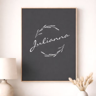 Elegant Boho Botanical Wreath in Grey Personalized Poster