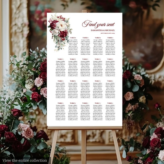 Elégant Boho Bourgogne Mariage Rose Poster assis (Elegant Boho Burgundy Rose Wedding Seating Poster)