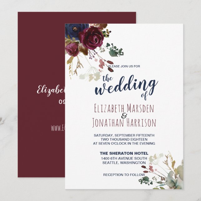 Elegant Boho Burgundy and Navy Blue Floral Wedding Invitation (Front/Back)