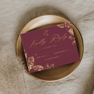 Elegant Boho Burgundy Autumn Wedding RSVP Card