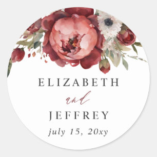 Elegant Boho Burgundy Blush Floral Wedding Classic Round Sticker