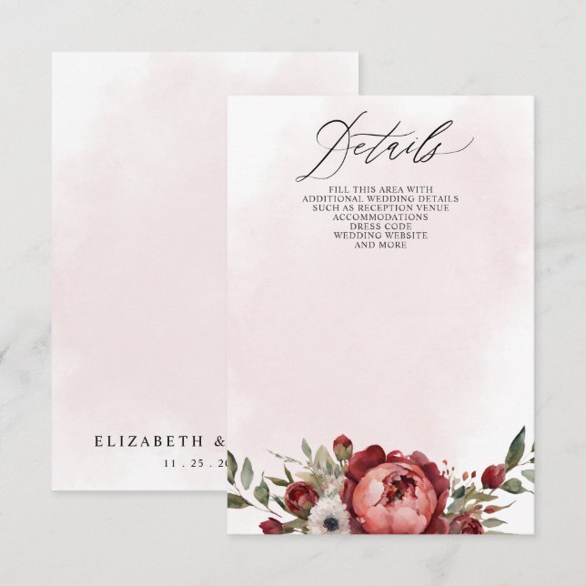 Elegant Boho Burgundy Blush Floral Wedding Enclosure Card (Front/Back)