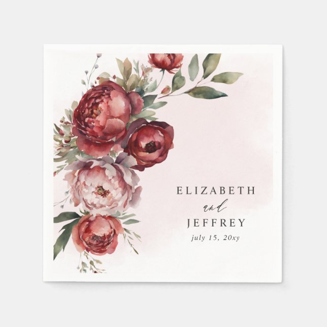 Elegant Boho Burgundy Blush Floral Wedding Napkin (Front)