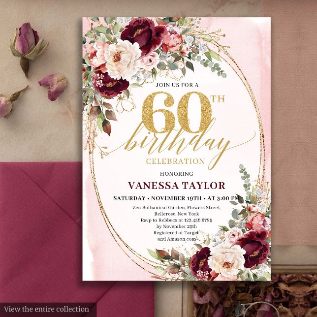 Elegant Boho Burgundy Blush Roses 60th Birthday Invitation (Elegant Boho Burgundy Blush Roses 60th Birthday)