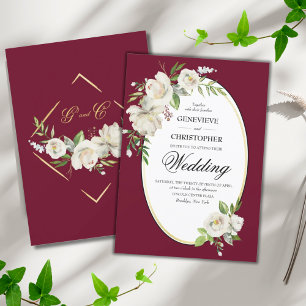 Elegant Boho Burgundy Floral Gold Wedding Invitation