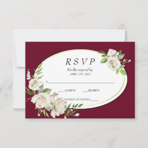 Elegant Boho Burgundy Floral Gold Wedding RSVP Card