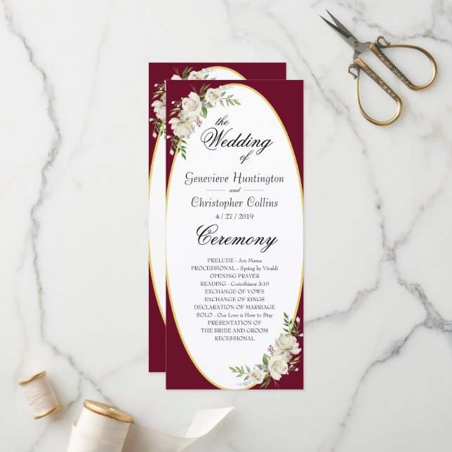 Elegant Boho Burgundy Floral Wedding Ceremony Program (Front/Back In Situ)