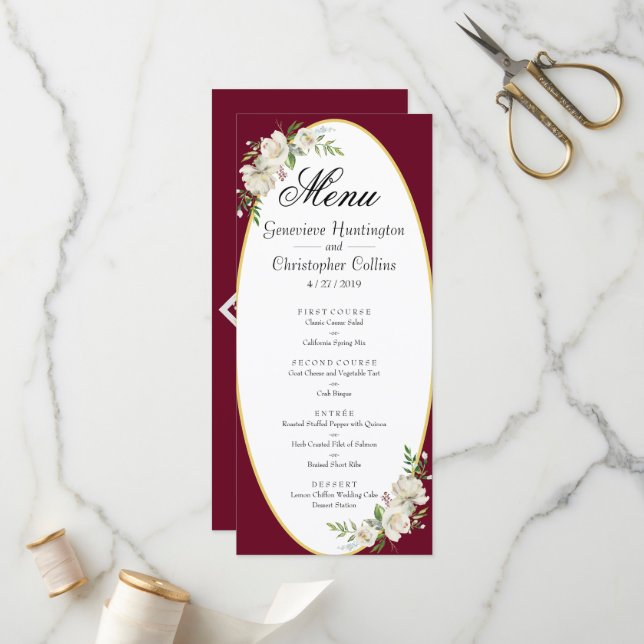 Elegant Boho Burgundy Floral Wedding Menu (Front/Back In Situ)