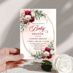 Elegant Boho Burgundy Gold Baby Shower Invitation