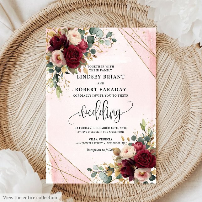 Elegant Boho Burgundy Gold Blush Roses Wedding  Invitation (Elegant Boho Burgundy Gold Blush Roses Wedding Invitation)