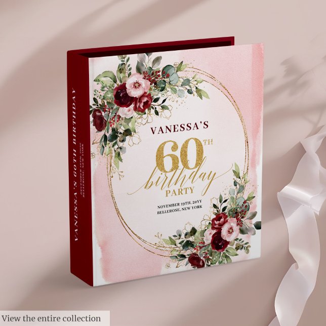 Elegant Boho Burgundy Gold Floral 60th Birthday  Binder (Elegant Boho Burgundy Gold Floral 60th Birthday Album)