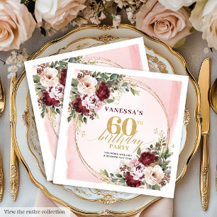 Elegant Boho Burgundy Gold Floral 60th Napkins
