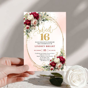 Elegant boho burgundy gold floral sweet sixteen  invitation